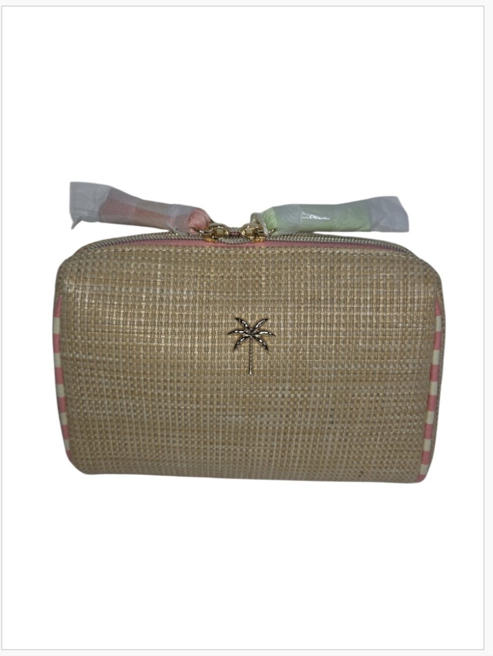 Spartina 449 Faux Straw Boho Cosmetic Pouch Palm Tree NWT